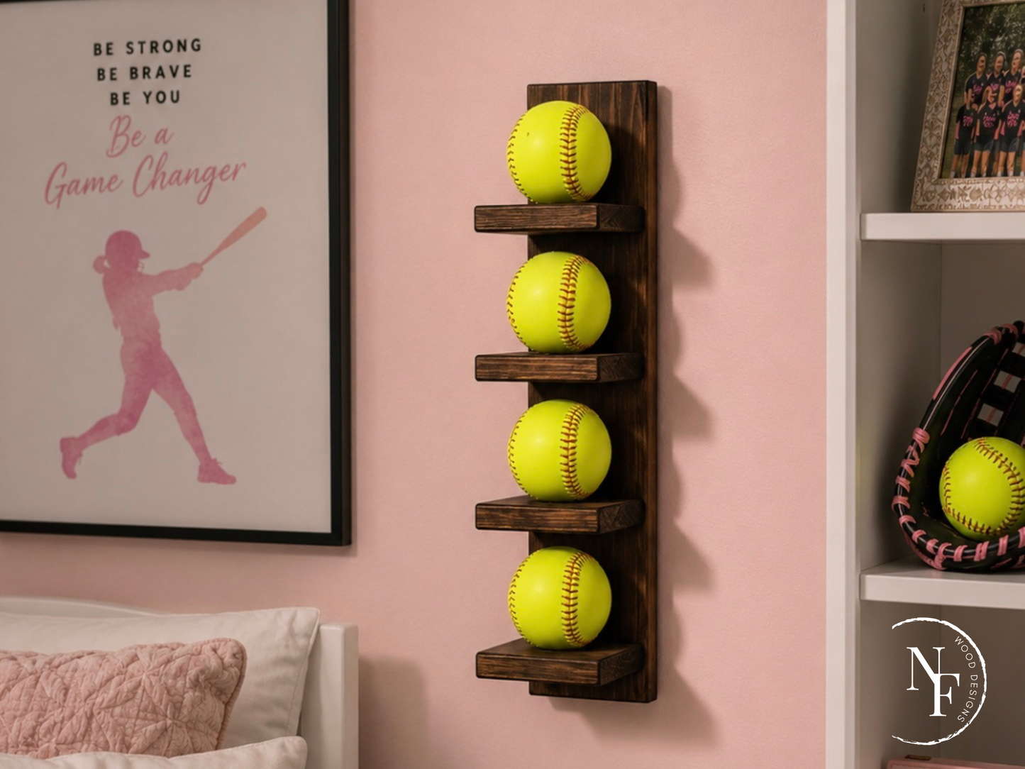 Handmade Wood Vertical Softball Display | Wall Mounted | 2-5 Balls | 8 Finishes | Custom Sizes
