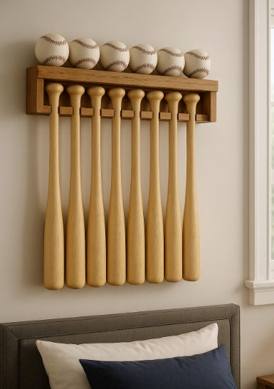 Handmade Wood Baseball Bat & Ball Display | Wall Mounted | 8 Finishes | Custom Sizes