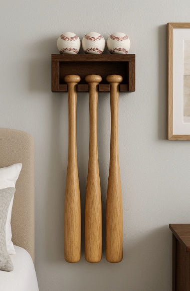 Handmade Wood Baseball Bat & Ball Display | Wall Mounted | 8 Finishes | Custom Sizes
