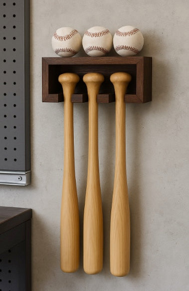 Handmade Wood Baseball Bat & Ball Display | Wall Mounted | 8 Finishes | Custom Sizes