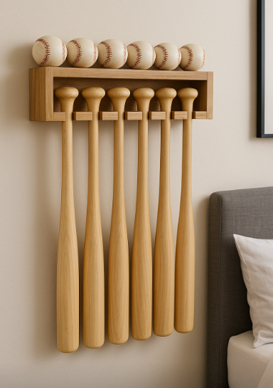 Handmade Wood Baseball Bat & Ball Display | Wall Mounted | 8 Finishes | Custom Sizes
