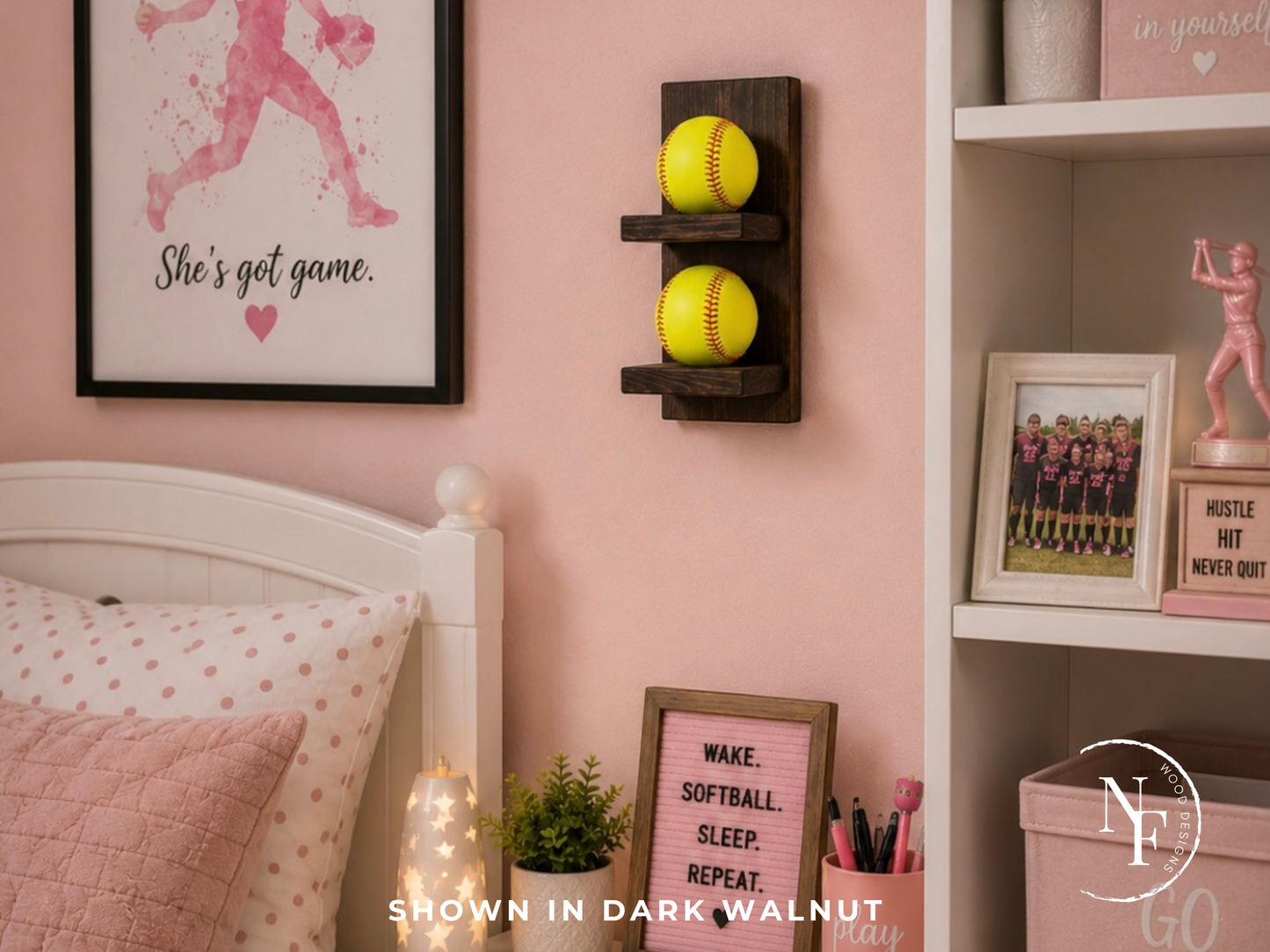Handmade Wood Vertical Softball Display | Wall Mounted | 2-5 Balls | 8 Finishes | Custom Sizes
