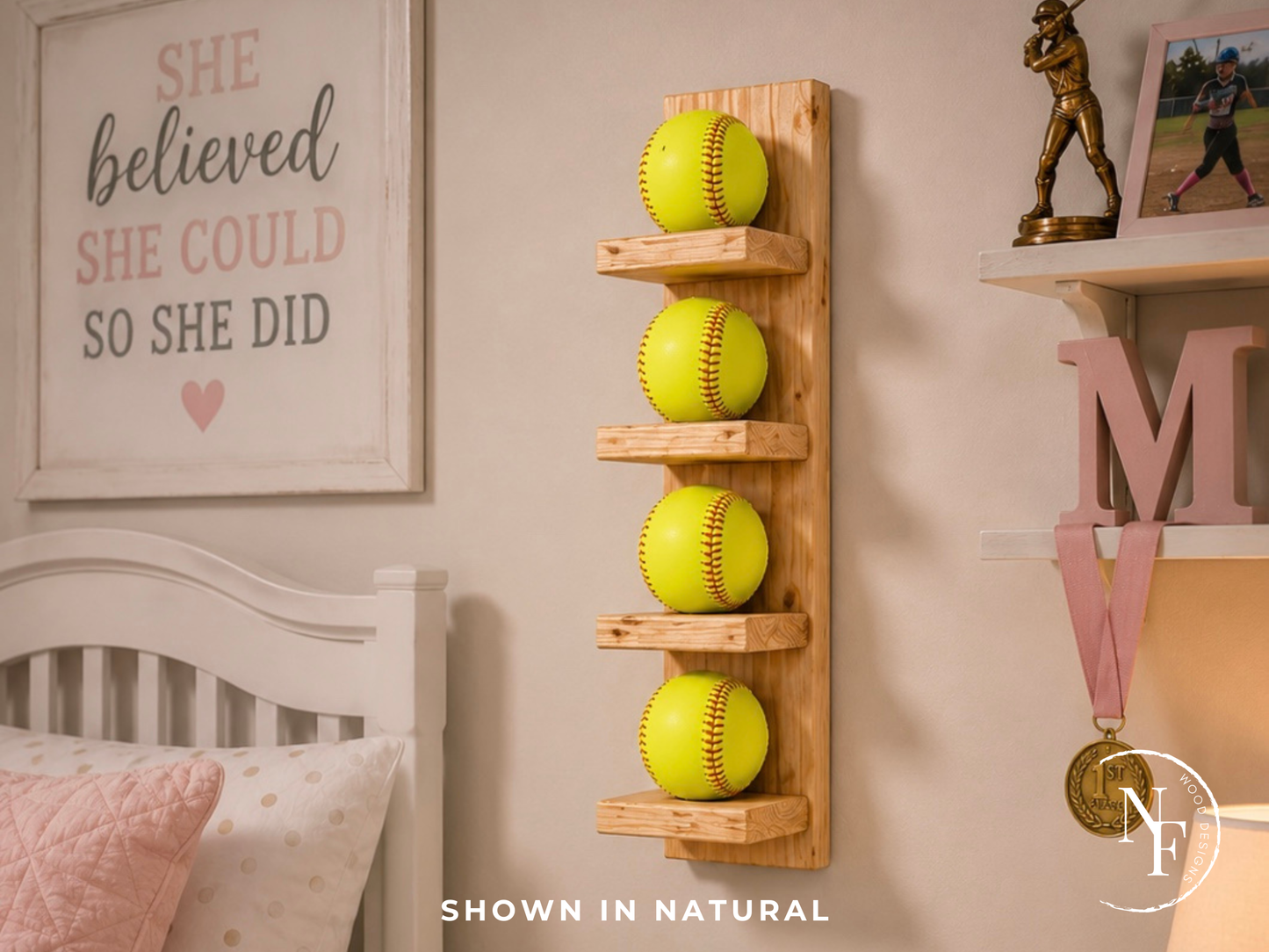 Handmade Wood Vertical Softball Display | Wall Mounted | 2-5 Balls | 8 Finishes | Custom Sizes