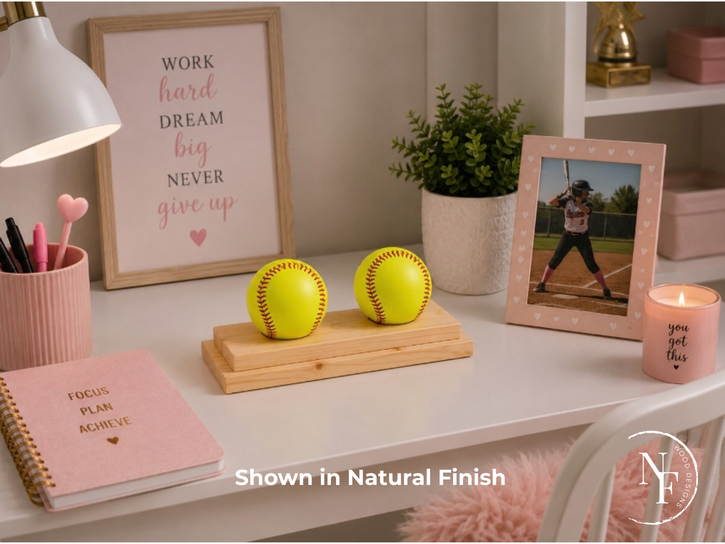 Handmade Wood Countertop Softball Display | 2-5 Balls | 8 Finishes | Custom Sizes