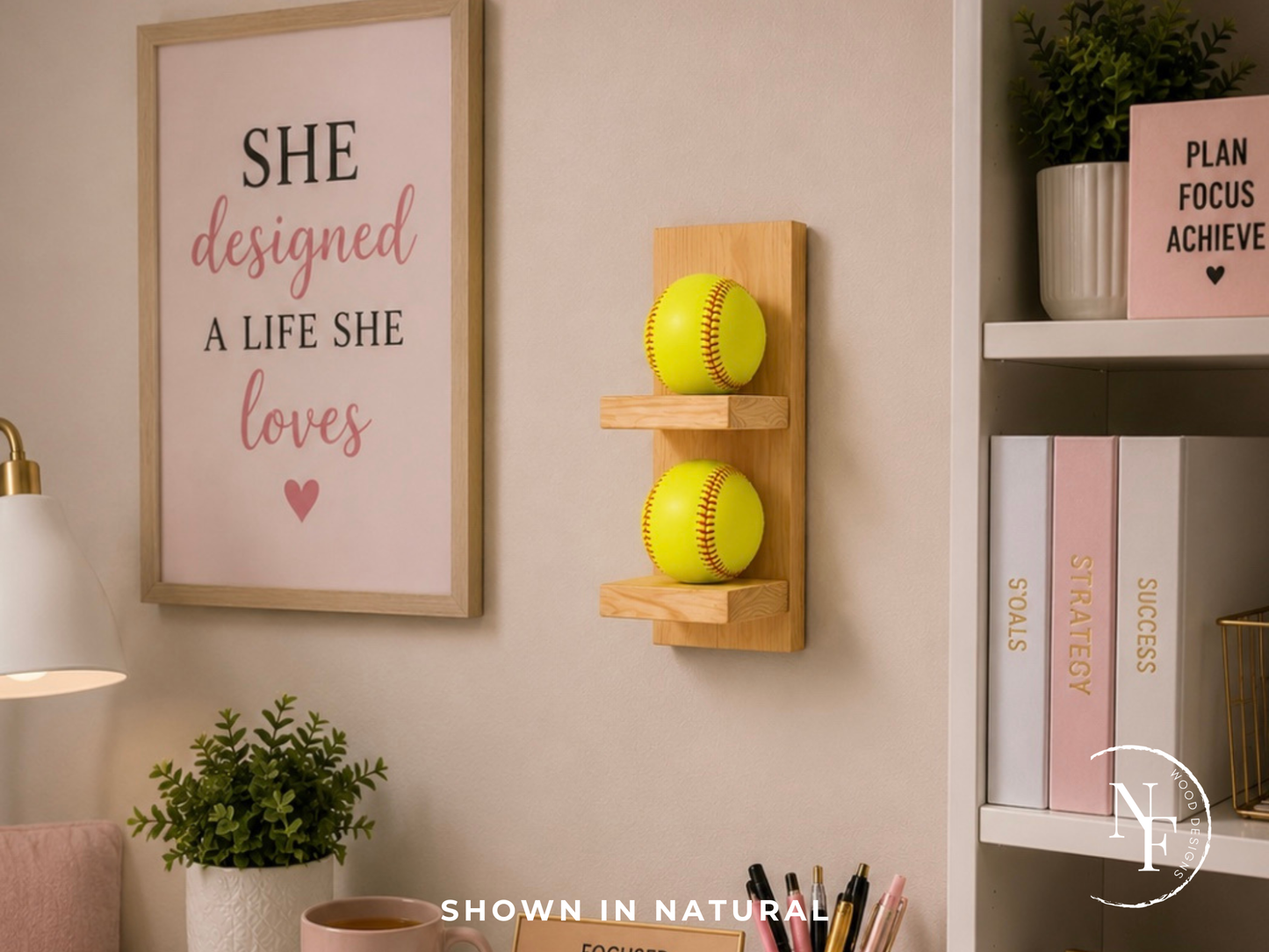 Handmade Wood Vertical Softball Display | Wall Mounted | 2-5 Balls | 8 Finishes | Custom Sizes